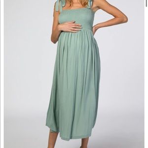 Pink Blush Green Smocked Tie Strap Maternity Dress